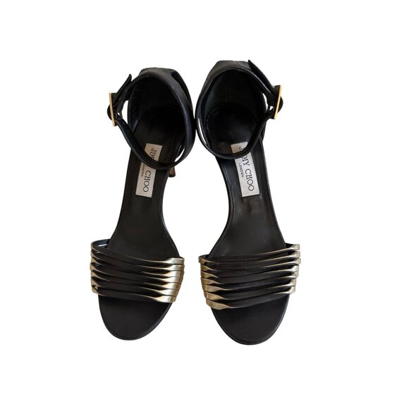 JIMMY CHOO Black Gold Leather Ankle Strap Sandals Heels Size 38/ US 8 - Picture 7 of 8